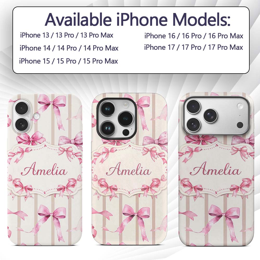 Watercolor Pink Ribbon Bow with Neutral Beige Custom Name Protective Phone Case Mobile Cover Durable Everyday Smartphone Shock Resistant