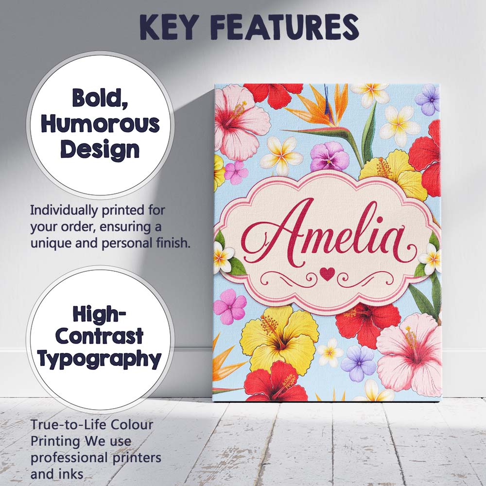 Personalised Name Tropical Hibiscus Bird of Custom  Bespoke Interior Contemporary Canvas Wall Art Print Decor Picture Ready to Hang