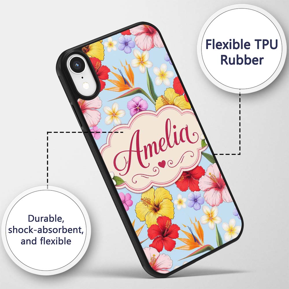 Tropical Hibiscus Bird of Paradise Printed Design Custom Name Protective Phone Case Mobile Cover Durable Everyday Smartphone Shock Resistant