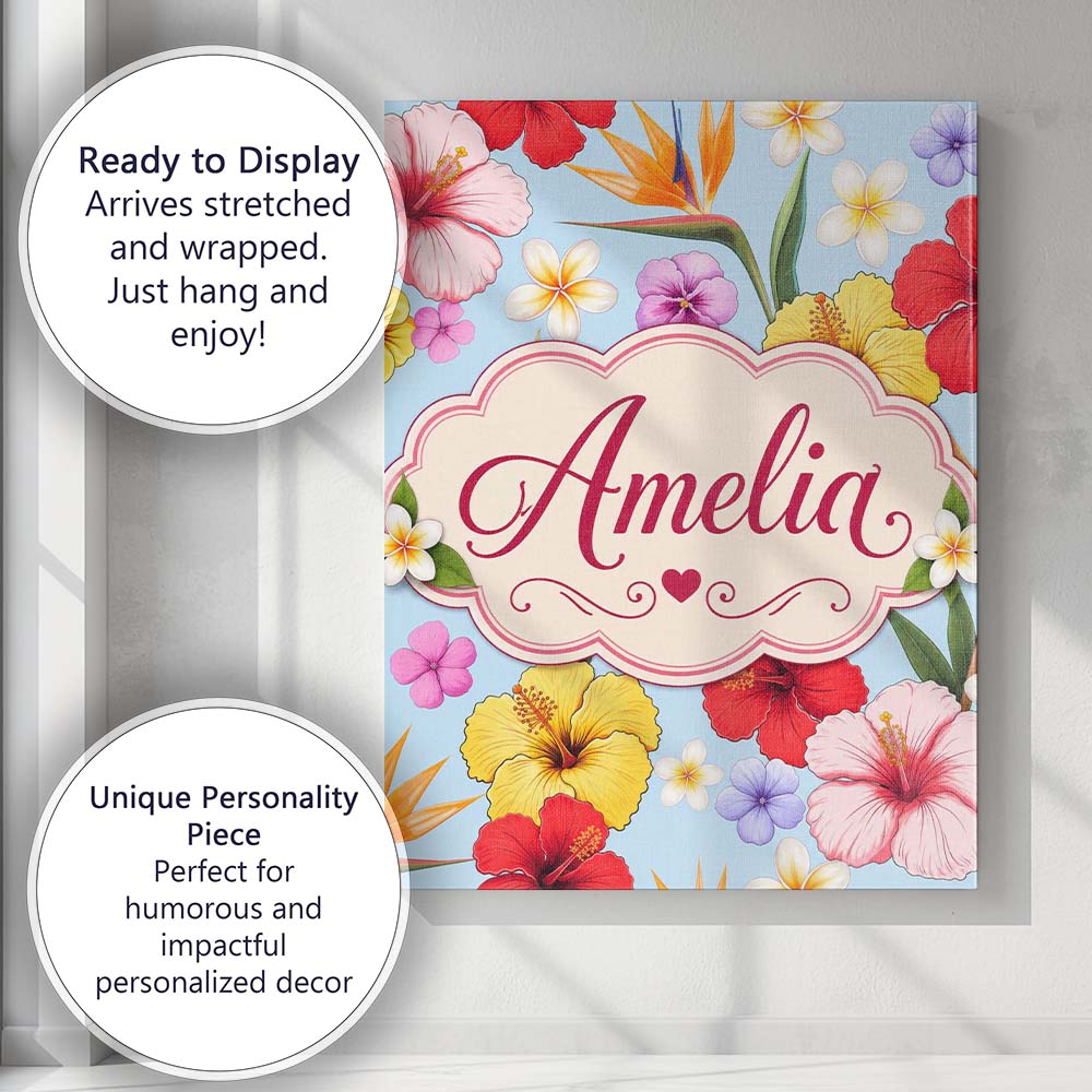 Personalised Name Tropical Hibiscus Bird of Custom  Bespoke Interior Contemporary Canvas Wall Art Print Decor Picture Ready to Hang