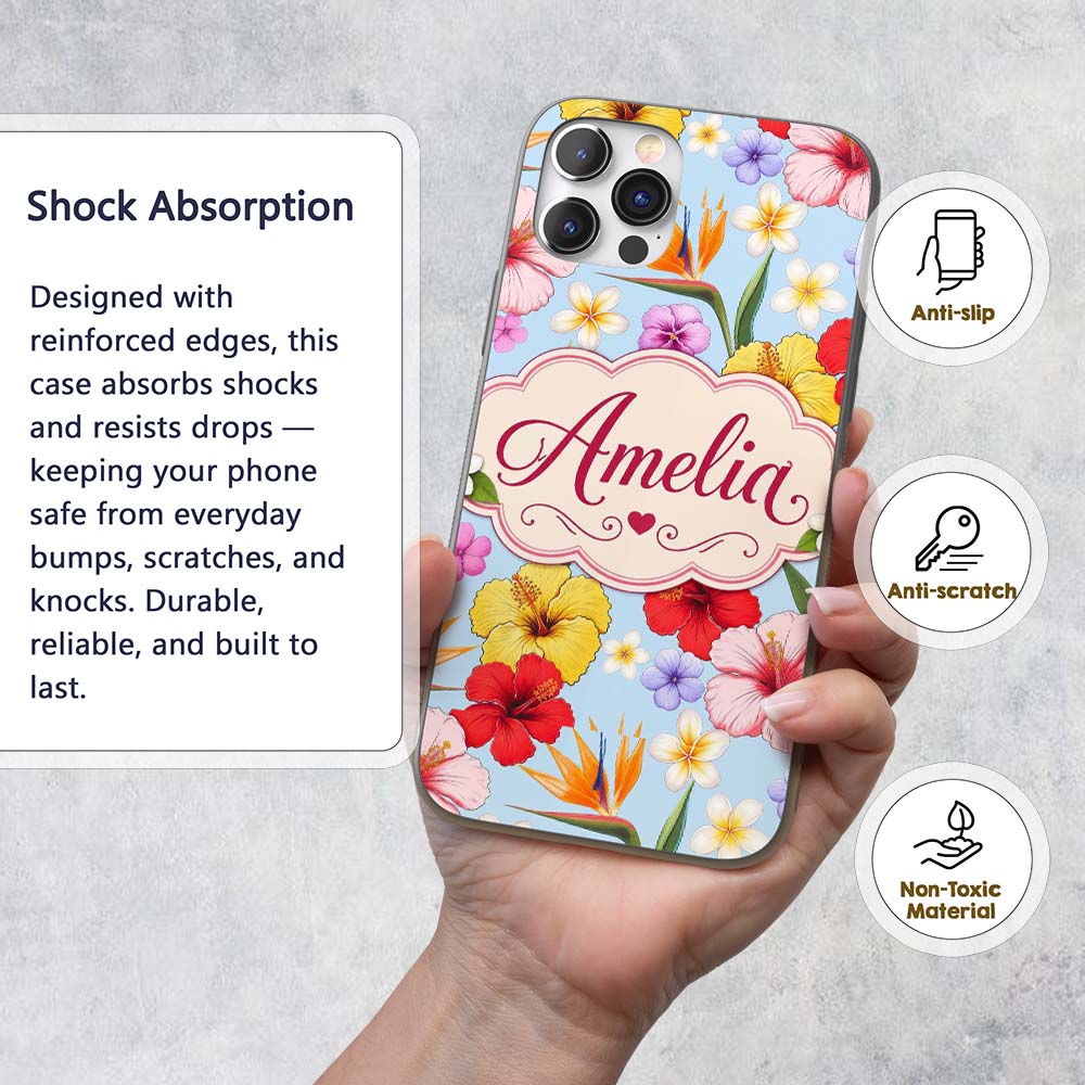 Tropical Hibiscus Bird of Paradise Printed Design Custom Name Protective Phone Case Mobile Cover Durable Everyday Smartphone Shock Resistant