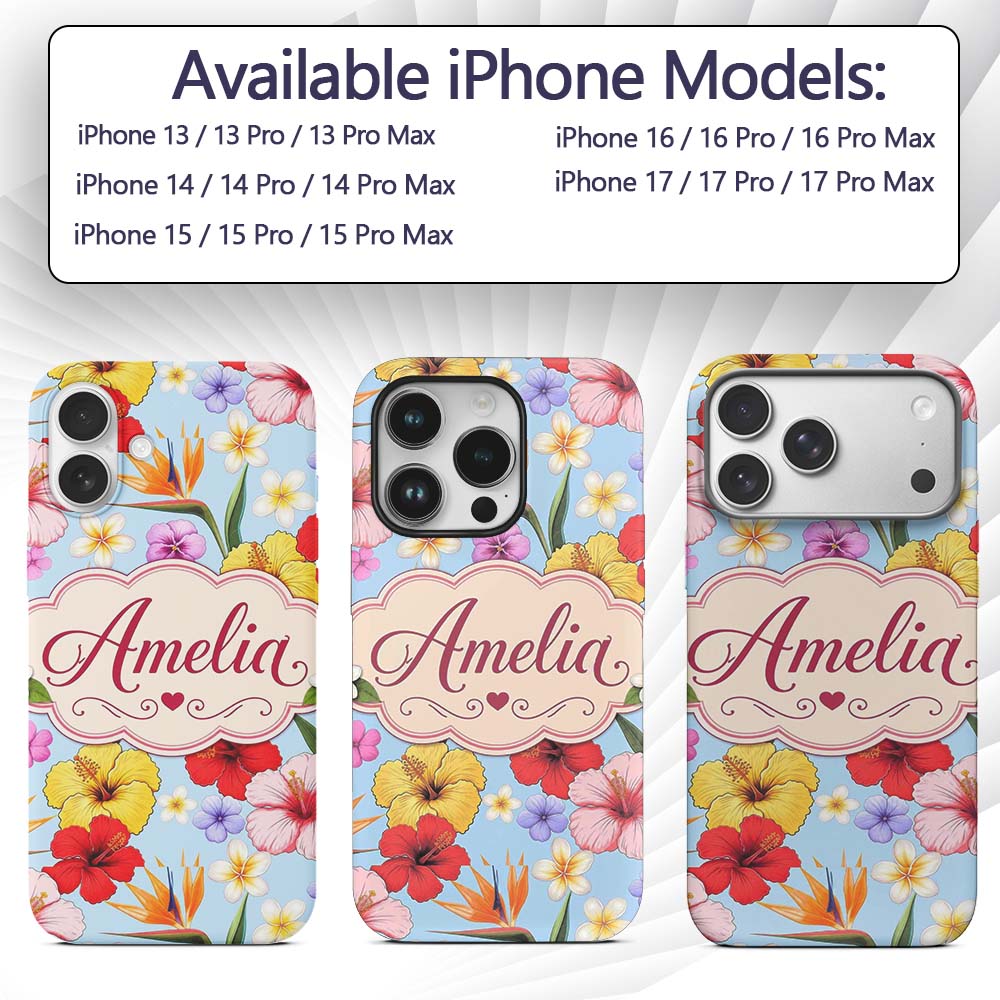 Tropical Hibiscus Bird of Paradise Printed Design Custom Name Protective Phone Case Mobile Cover Durable Everyday Smartphone Shock Resistant