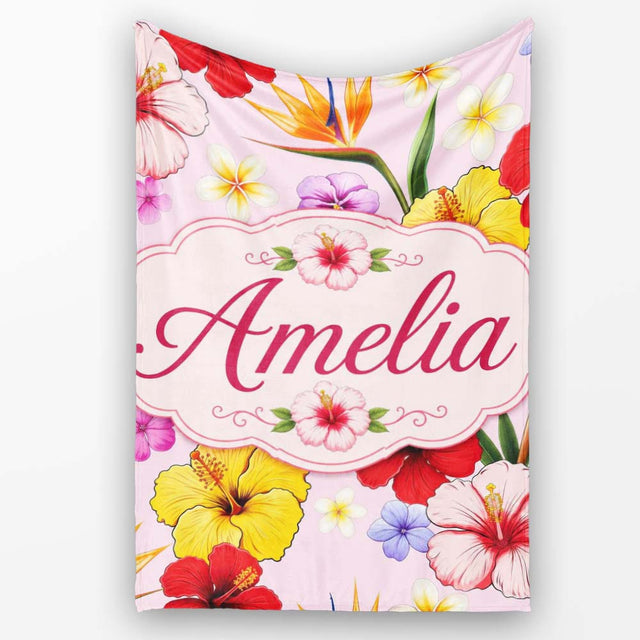 Tropical Hibiscus Bird of Paradise Seamless Pattern Pink Background  Personalised Custom Name Super Soft Fleece Blanket Bed Sofa Throw