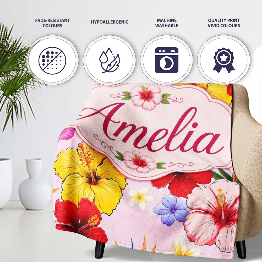 Tropical Hibiscus Bird of Paradise Seamless Pattern Pink Background  Personalised Custom Name Super Soft Fleece Blanket Bed Sofa Throw