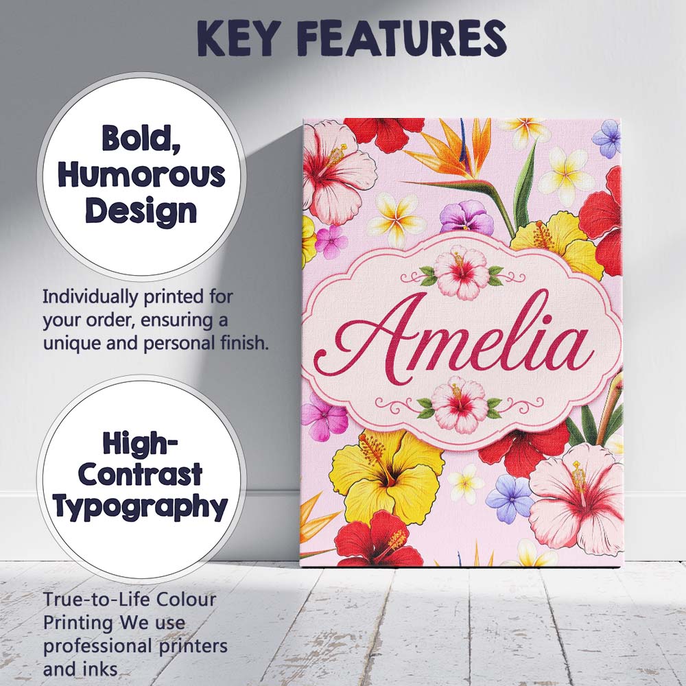 Personalised Name Tropical Hibiscus Bird of Custom  Bespoke Interior Contemporary Canvas Wall Art Print Decor Picture Ready to Hang