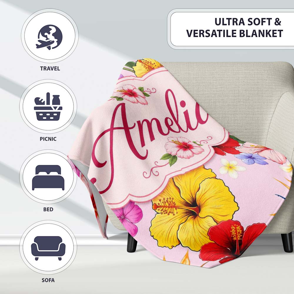 Tropical Hibiscus Bird of Paradise Seamless Pattern Pink Background  Personalised Custom Name Super Soft Fleece Blanket Bed Sofa Throw