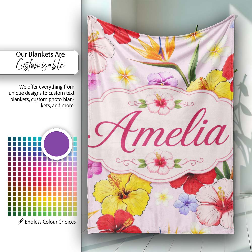 Tropical Hibiscus Bird of Paradise Seamless Pattern Pink Background  Personalised Custom Name Super Soft Fleece Blanket Bed Sofa Throw