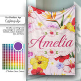 Tropical Hibiscus Bird of Paradise Seamless Pattern Pink Background  Personalised Custom Name Super Soft Fleece Blanket Bed Sofa Throw