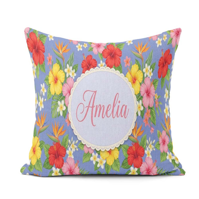 Custom Name Tropical Hibiscus Bird of Paradise Seamless Pattern Square Filled Cushion Throw Pillow Sofa Bed Home Decor Zip Washable UK Made