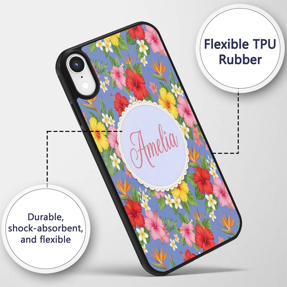 Tropical Hibiscus Bird of Paradise Printed Design Custom Name Protective Phone Case Mobile Cover Durable Everyday Smartphone Shock Resistant