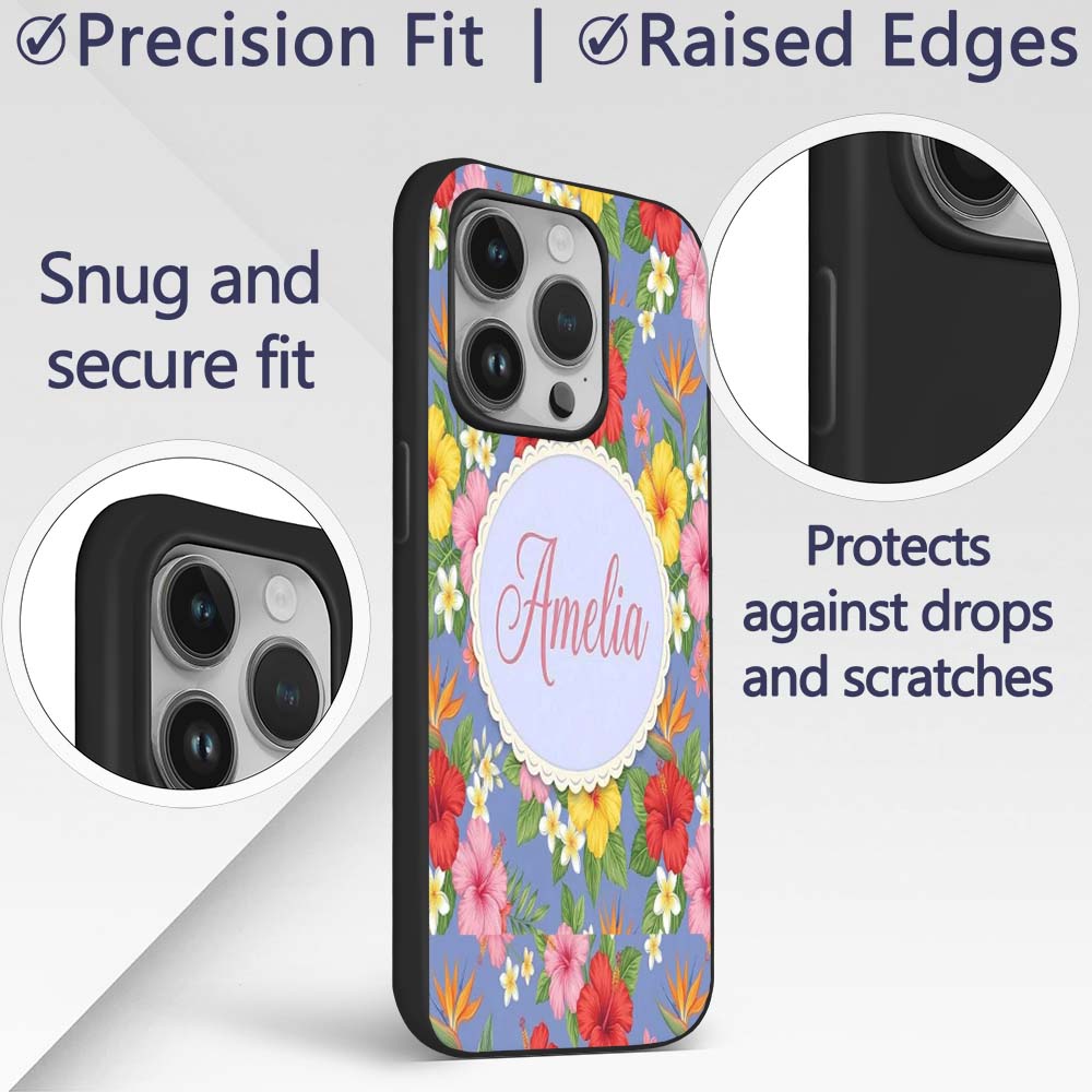 Tropical Hibiscus Bird of Paradise Printed Design Custom Name Protective Phone Case Mobile Cover Durable Everyday Smartphone Shock Resistant