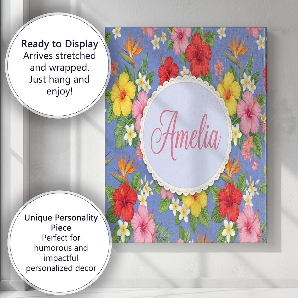 Personalised Name Tropical Hibiscus Bird of Custom  Bespoke Interior Contemporary Canvas Wall Art Print Decor Picture Ready to Hang