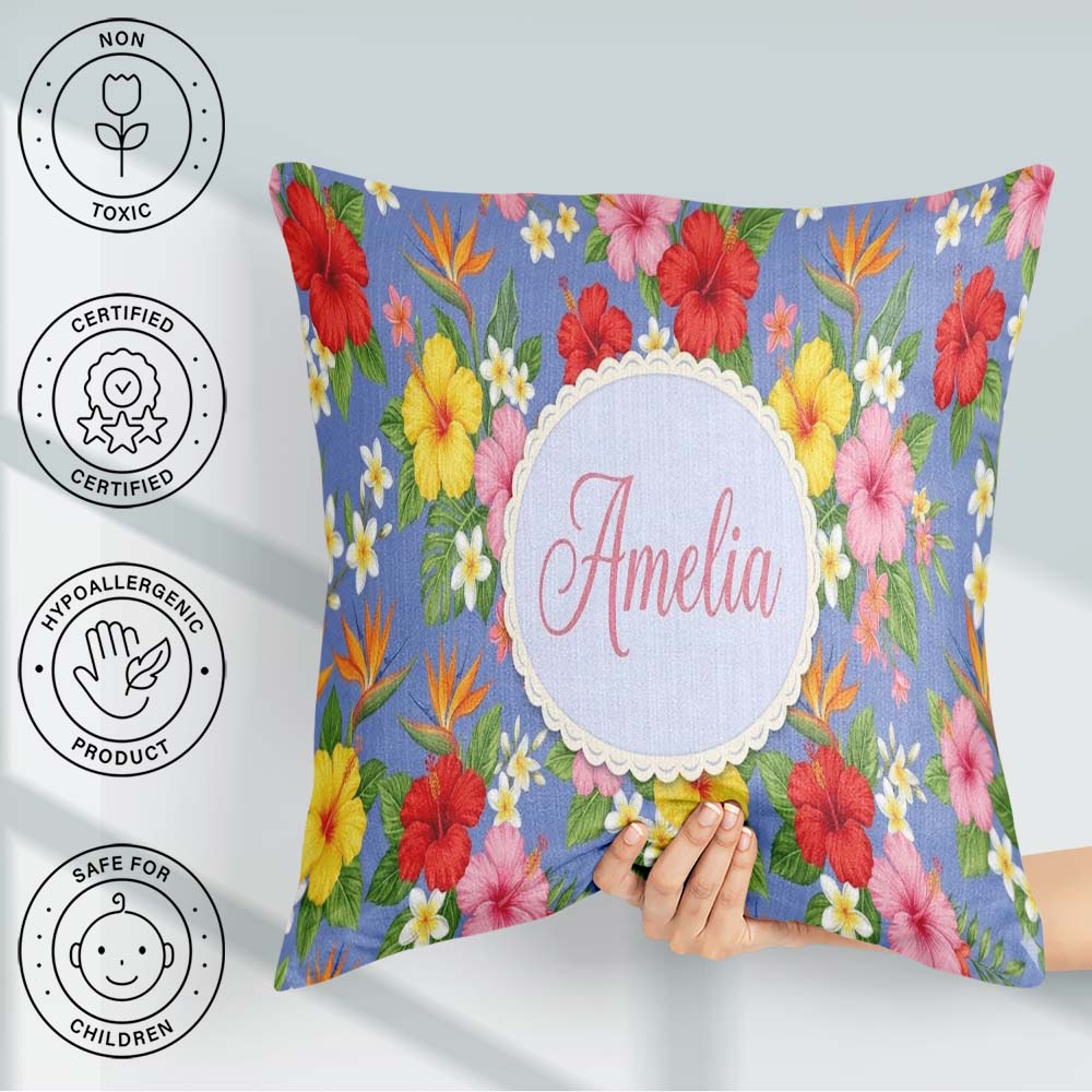 Custom Name Tropical Hibiscus Bird of Paradise Seamless Pattern Square Filled Cushion Throw Pillow Sofa Bed Home Decor Zip Washable UK Made