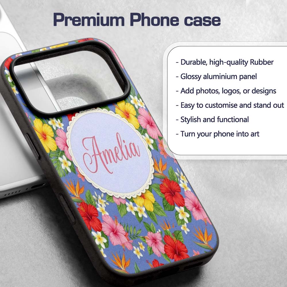 Tropical Hibiscus Bird of Paradise Printed Design Custom Name Protective Phone Case Mobile Cover Durable Everyday Smartphone Shock Resistant