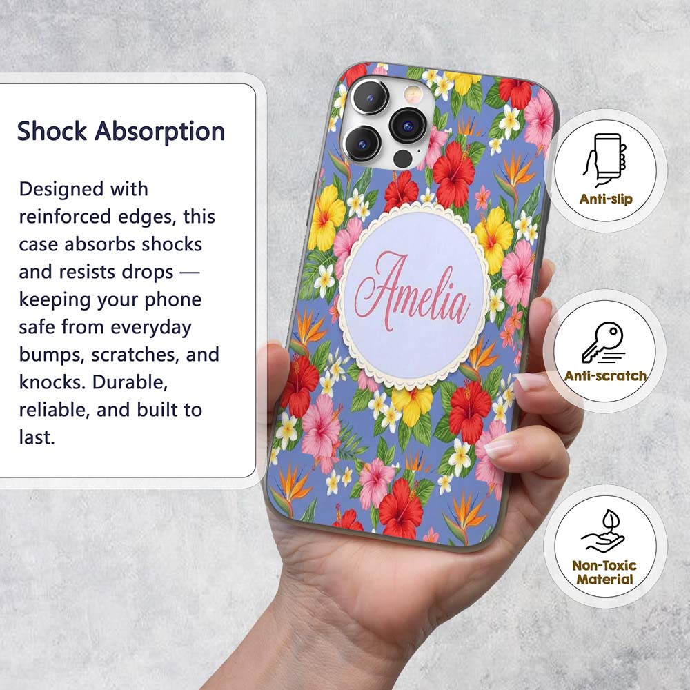 Tropical Hibiscus Bird of Paradise Printed Design Custom Name Protective Phone Case Mobile Cover Durable Everyday Smartphone Shock Resistant