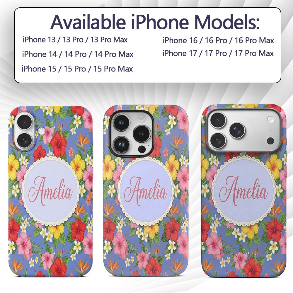 Tropical Hibiscus Bird of Paradise Printed Design Custom Name Protective Phone Case Mobile Cover Durable Everyday Smartphone Shock Resistant