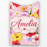Tropical Hibiscus Bird of Paradise Seamless Pattern Blush Background  Personalised Custom Name Super Soft Fleece Blanket Bed Sofa Throw