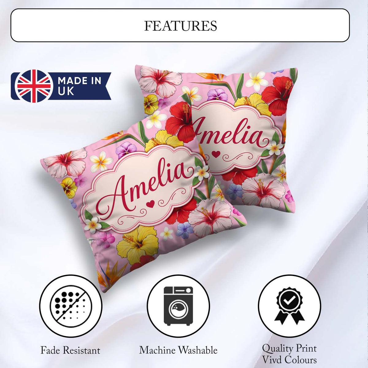 Custom Name Tropical Hibiscus of Paradise Seamless Pattern Blush Square Filled Cushion Throw Pillow Sofa Bed Home Decor Zip Washable UK Made