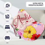 Tropical Hibiscus Bird of Paradise Seamless Pattern Blush Background  Personalised Custom Name Super Soft Fleece Blanket Bed Sofa Throw
