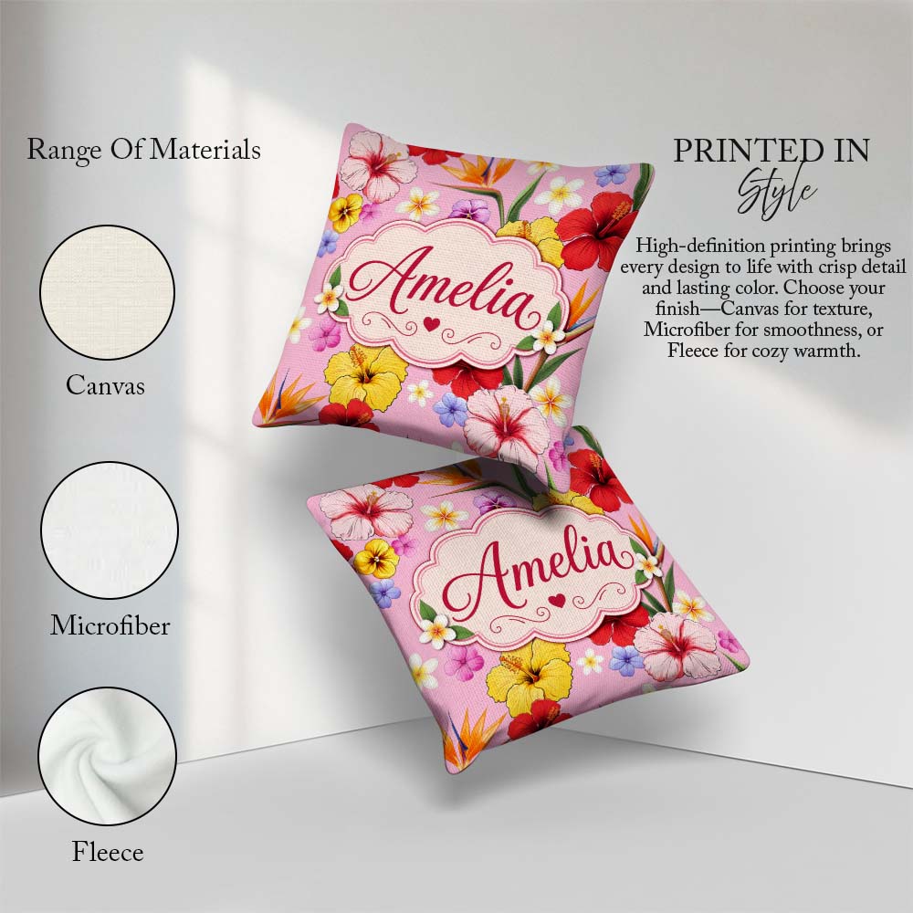 Custom Name Tropical Hibiscus of Paradise Seamless Pattern Blush Square Filled Cushion Throw Pillow Sofa Bed Home Decor Zip Washable UK Made