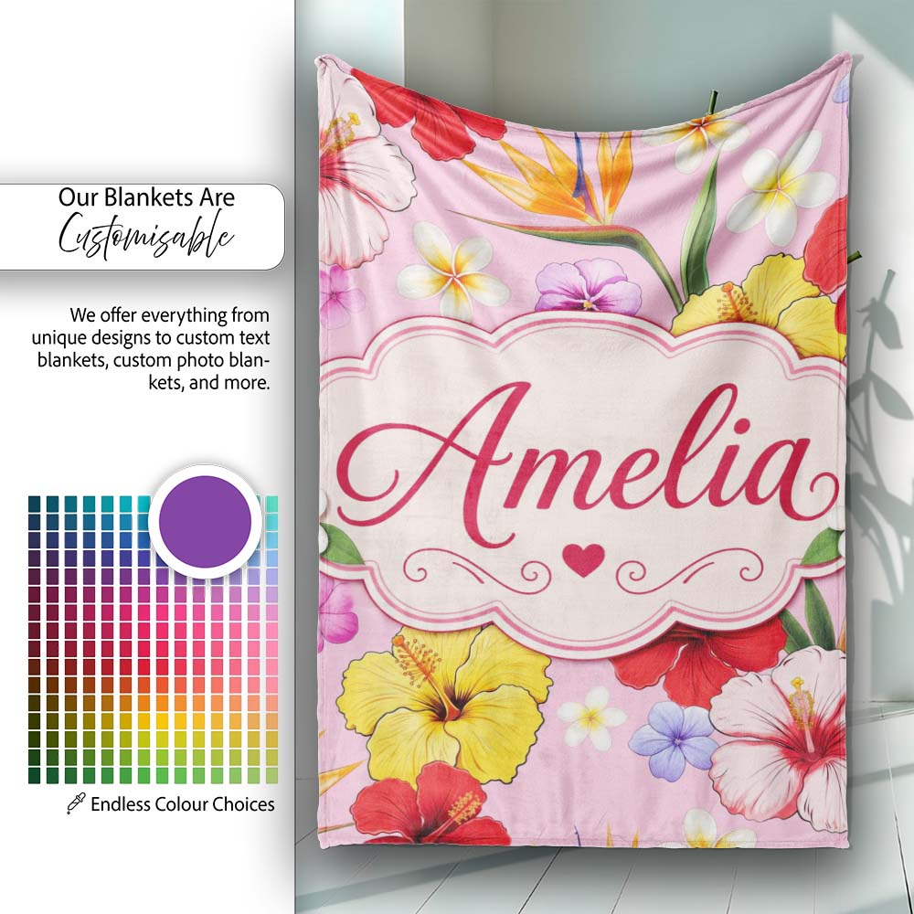 Tropical Hibiscus Bird of Paradise Seamless Pattern Blush Background  Personalised Custom Name Super Soft Fleece Blanket Bed Sofa Throw