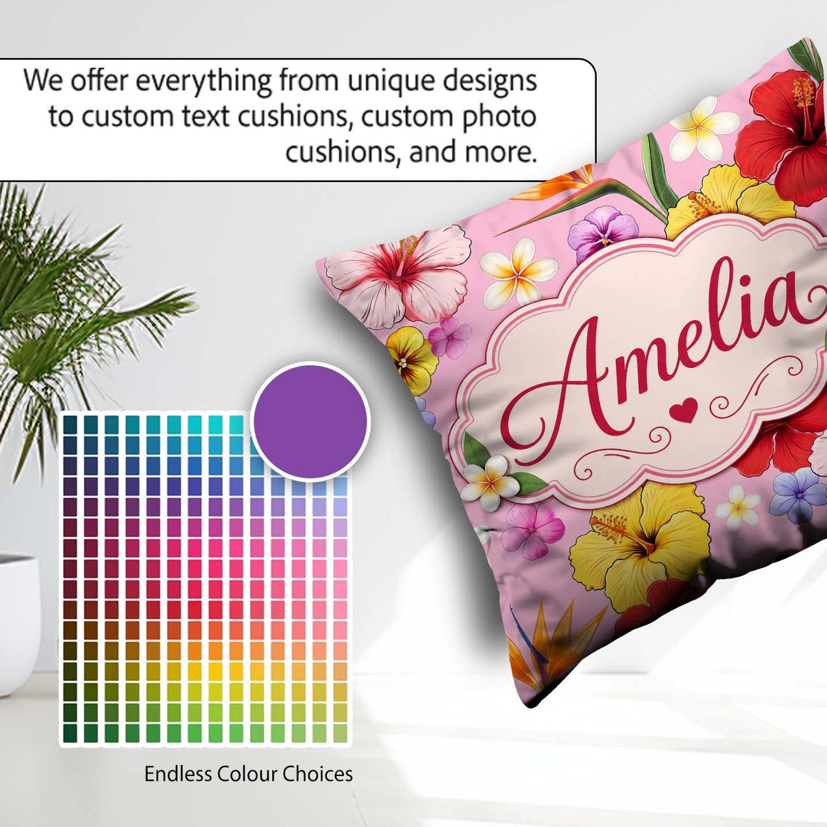 Custom Name Tropical Hibiscus of Paradise Seamless Pattern Blush Square Filled Cushion Throw Pillow Sofa Bed Home Decor Zip Washable UK Made