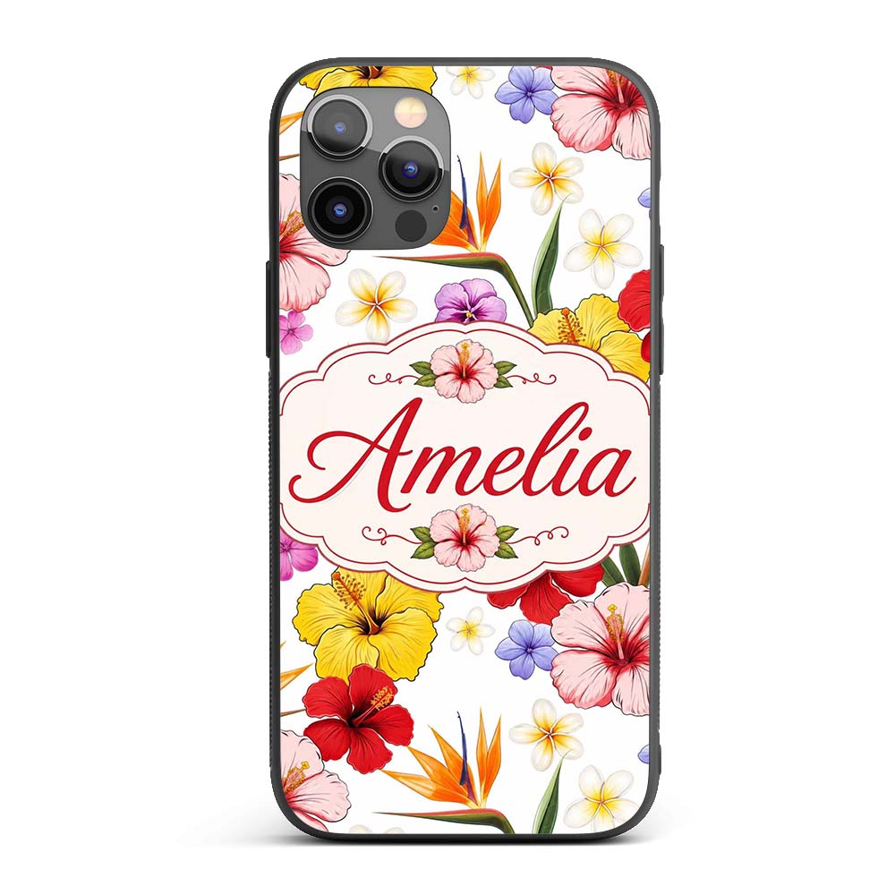 Tropical Hibiscus Bird of Paradise Printed Design Custom Name Protective Phone Case Mobile Cover Durable Everyday Smartphone Shock Resistant