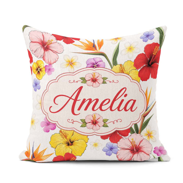 Custom Name Tropical Hibiscus of Paradise Seamless Pattern White Square Filled Cushion Throw Pillow Sofa Bed Home Decor Zip Washable UK Made