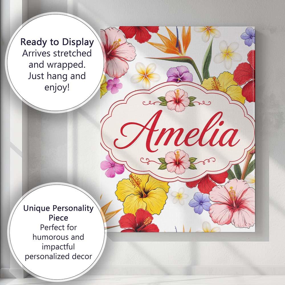 Personalised Name Tropical Hibiscus Bird of Custom  Bespoke Interior Contemporary Canvas Wall Art Print Decor Picture Ready to Hang