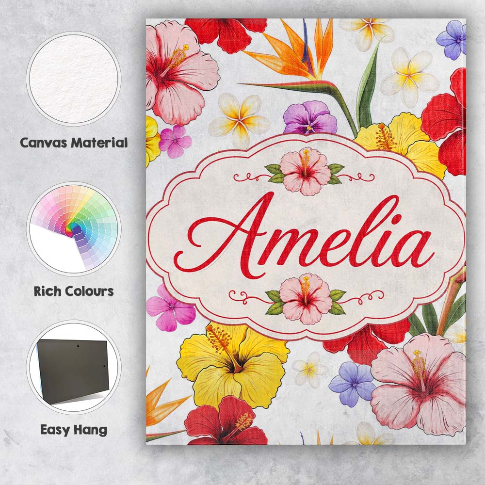 Personalised Name Tropical Hibiscus Bird of Custom  Bespoke Interior Contemporary Canvas Wall Art Print Decor Picture Ready to Hang