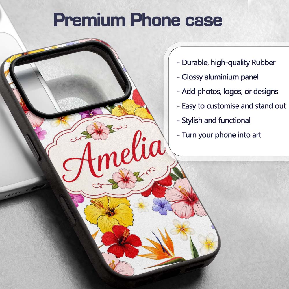 Tropical Hibiscus Bird of Paradise Printed Design Custom Name Protective Phone Case Mobile Cover Durable Everyday Smartphone Shock Resistant