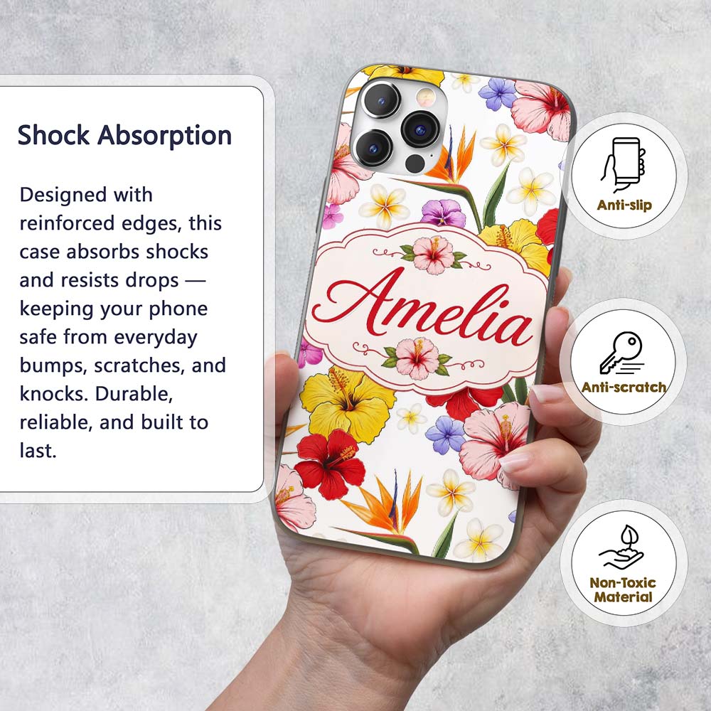 Tropical Hibiscus Bird of Paradise Printed Design Custom Name Protective Phone Case Mobile Cover Durable Everyday Smartphone Shock Resistant