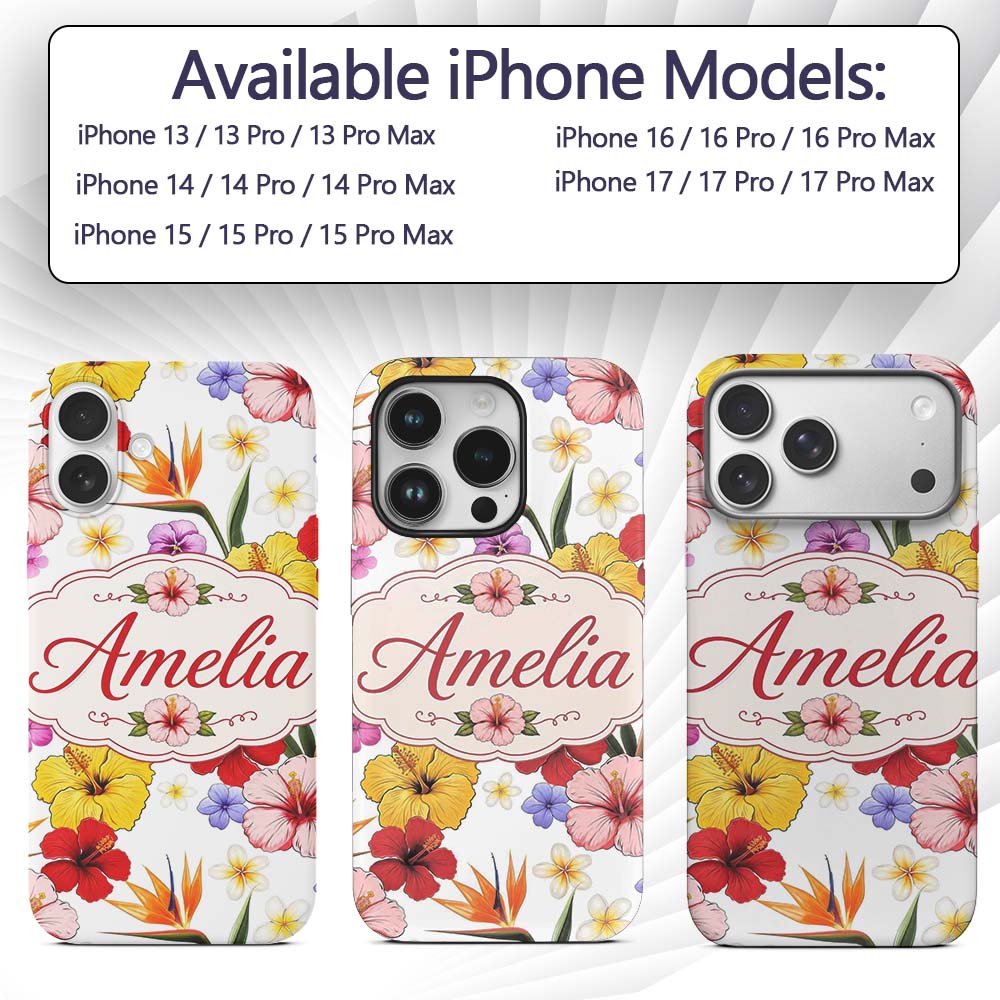 Tropical Hibiscus Bird of Paradise Printed Design Custom Name Protective Phone Case Mobile Cover Durable Everyday Smartphone Shock Resistant