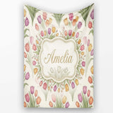 Elegant Tulip Floral Seamless Pattern Neutral Background Spring  Personalised Custom Name Super Soft Fleece Blanket Bed Sofa Throw