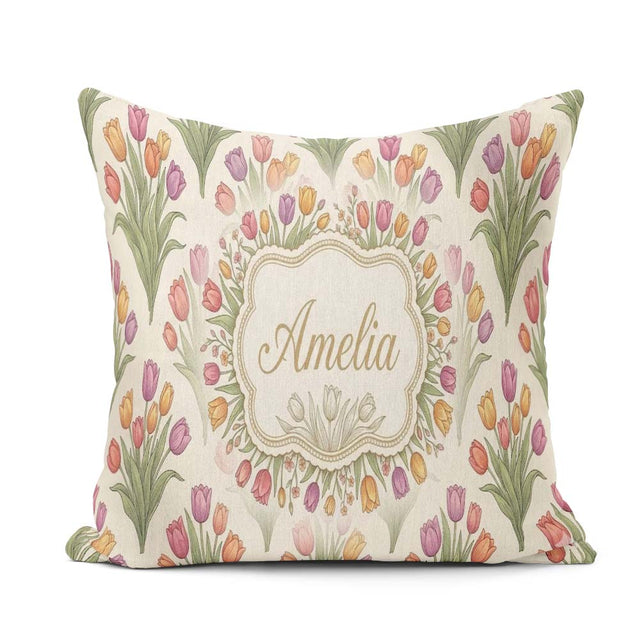 Custom Name Elegant Tulip Floral Seamless Pattern Neutral Spring Square Filled Cushion Throw Pillow Sofa Bed Home Decor Zip Washable UK Made