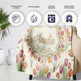 Elegant Tulip Floral Seamless Pattern Neutral Background Spring  Personalised Custom Name Super Soft Fleece Blanket Bed Sofa Throw