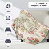 Elegant Tulip Floral Seamless Pattern Neutral Background Spring  Personalised Custom Name Super Soft Fleece Blanket Bed Sofa Throw