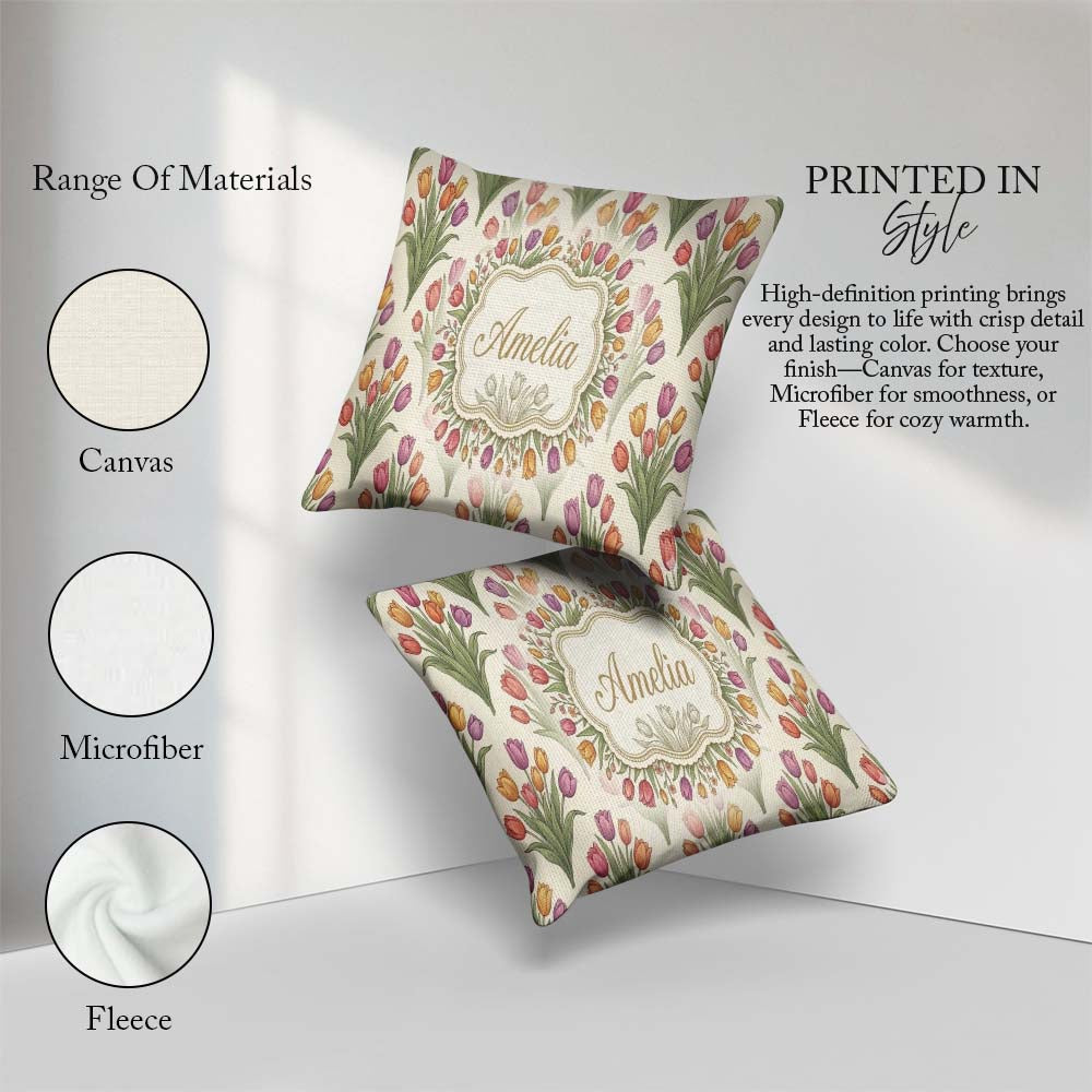 Custom Name Elegant Tulip Floral Seamless Pattern Neutral Spring Square Filled Cushion Throw Pillow Sofa Bed Home Decor Zip Washable UK Made