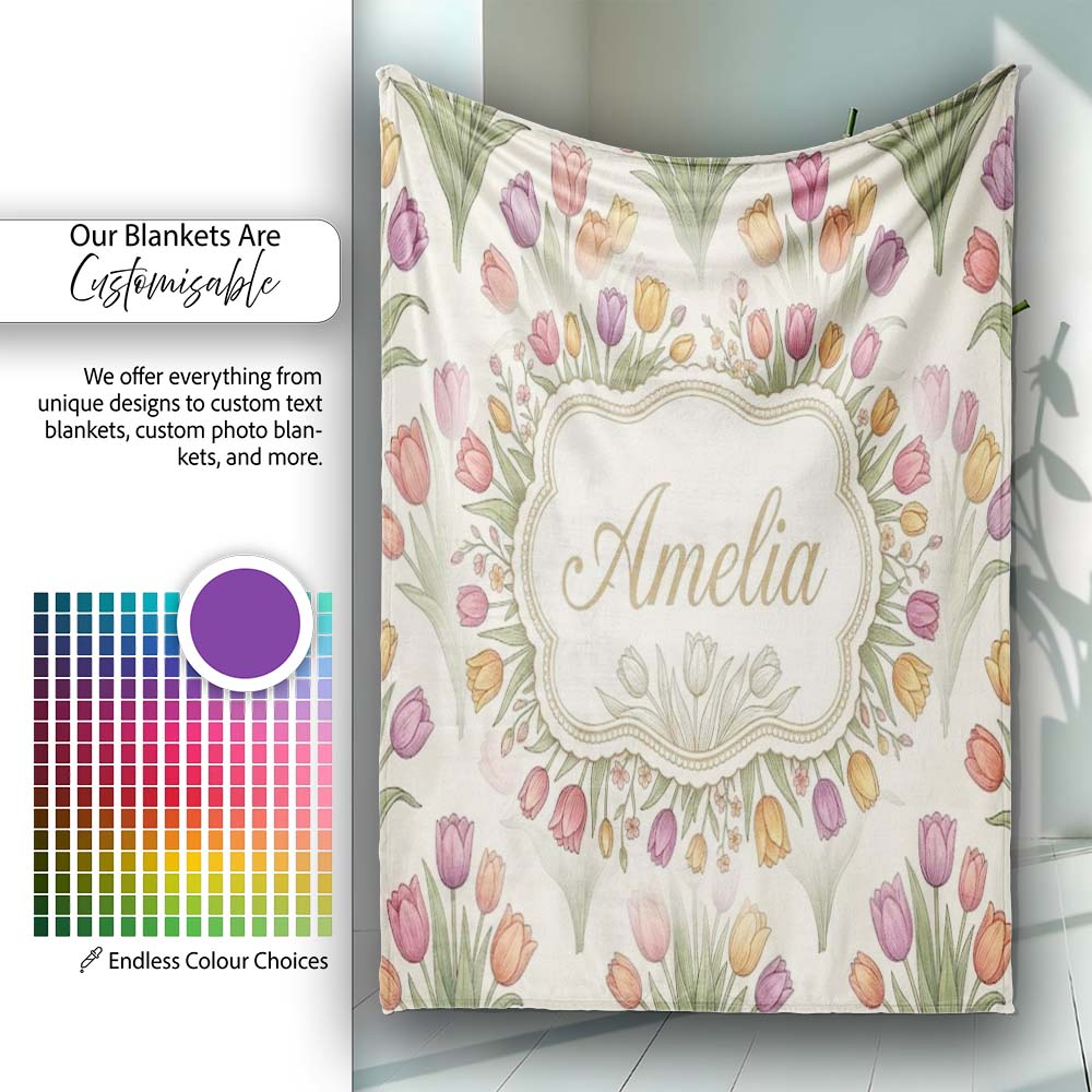 Elegant Tulip Floral Seamless Pattern Neutral Background Spring  Personalised Custom Name Super Soft Fleece Blanket Bed Sofa Throw