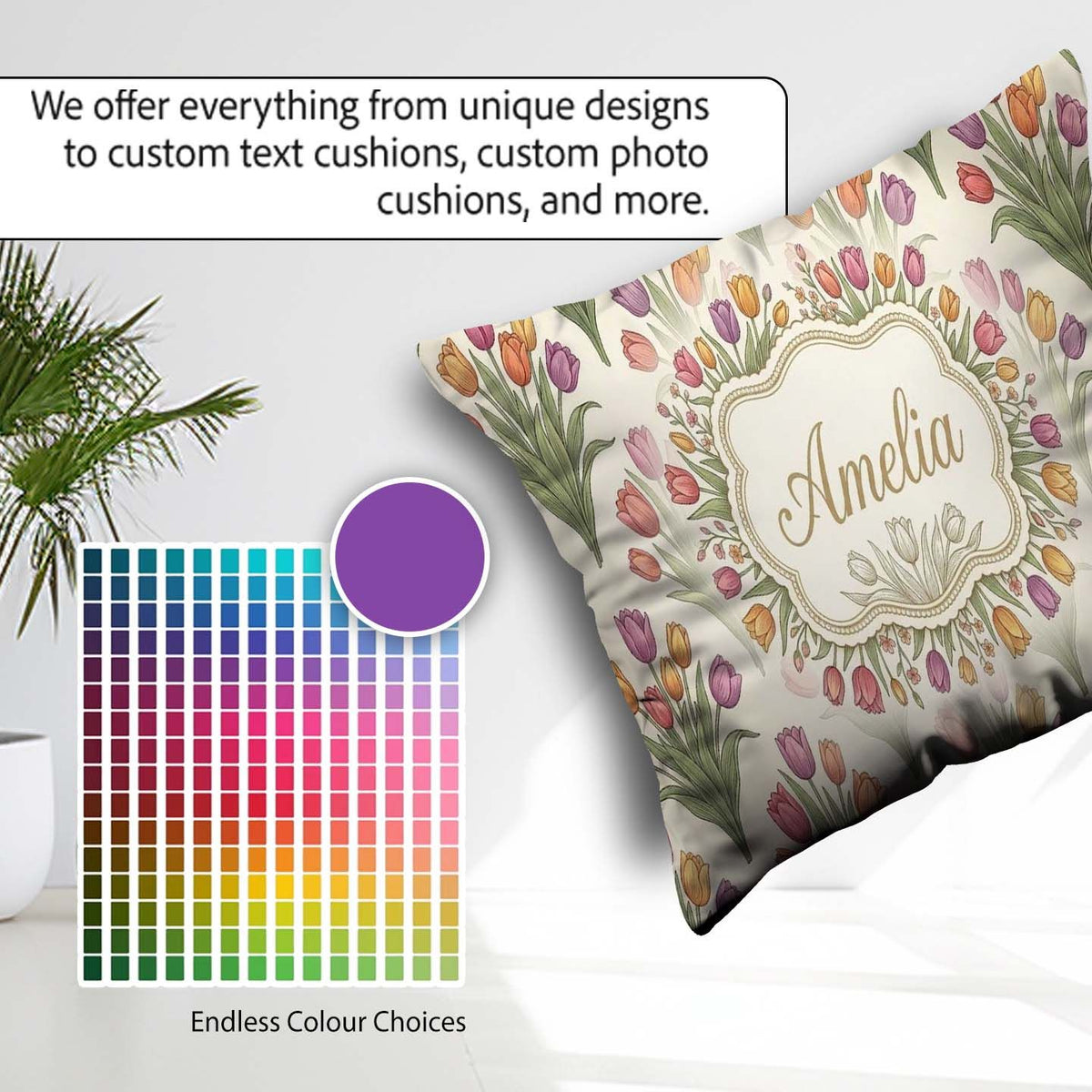 Custom Name Elegant Tulip Floral Seamless Pattern Neutral Spring Square Filled Cushion Throw Pillow Sofa Bed Home Decor Zip Washable UK Made