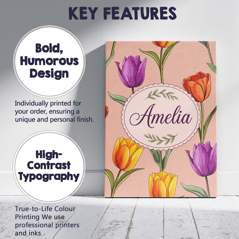 Personalised Name Elegant Tulip Floral Custom  Unique Gift Idea Modern Room Accent Canvas Wall Art Print Decor Picture Ready to Hang