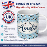 Personalized Custom Name Minimal Puffin Bird Pattern Clean Blue Background Seamless Design 11oz Ceramic Coffee Tea Mug White Large Handle