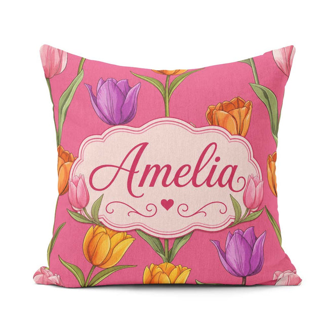 Custom Name Elegant Tulip Floral Seamless Bright Pink Background Square Filled Cushion Throw Pillow Sofa Bed Home Decor Zip Washable UK Made
