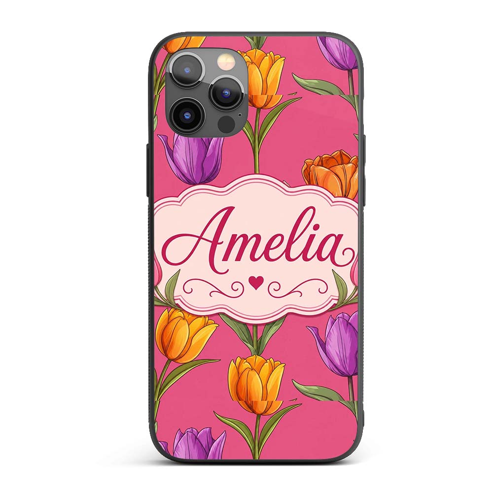 Elegant Tulip Floral Seamless Pattern Bright Pink Custom Name Protective Phone Case Mobile Cover Durable Everyday Smartphone Shock Resistant