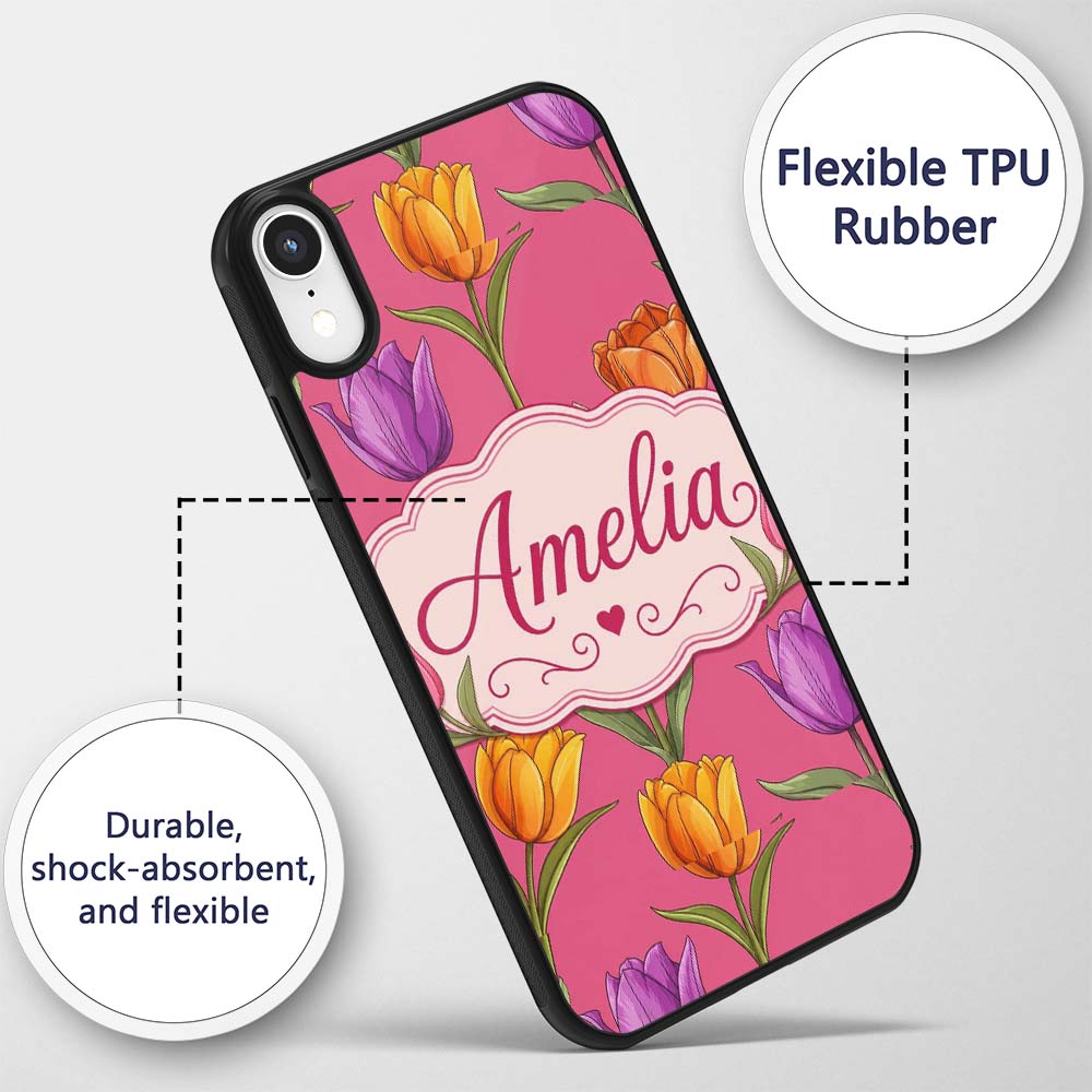 Elegant Tulip Floral Seamless Pattern Bright Pink Custom Name Protective Phone Case Mobile Cover Durable Everyday Smartphone Shock Resistant