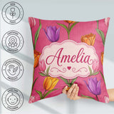 Custom Name Elegant Tulip Floral Seamless Bright Pink Background Square Filled Cushion Throw Pillow Sofa Bed Home Decor Zip Washable UK Made