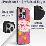 Elegant Tulip Floral Seamless Pattern Bright Pink Custom Name Protective Phone Case Mobile Cover Durable Everyday Smartphone Shock Resistant