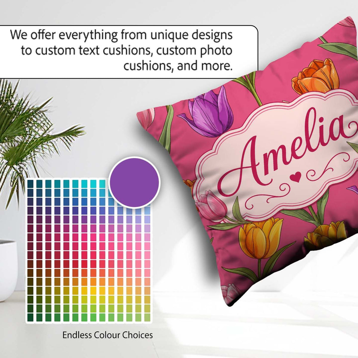 Custom Name Elegant Tulip Floral Seamless Bright Pink Background Square Filled Cushion Throw Pillow Sofa Bed Home Decor Zip Washable UK Made