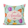 Custom Name Elegant Tulip Floral Seamless Teal Background Spring Square Filled Cushion Throw Pillow Sofa Bed Home Decor Zip Washable UK Made