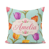Custom Name Elegant Tulip Floral Seamless Teal Background Spring Square Filled Cushion Throw Pillow Sofa Bed Home Decor Zip Washable UK Made